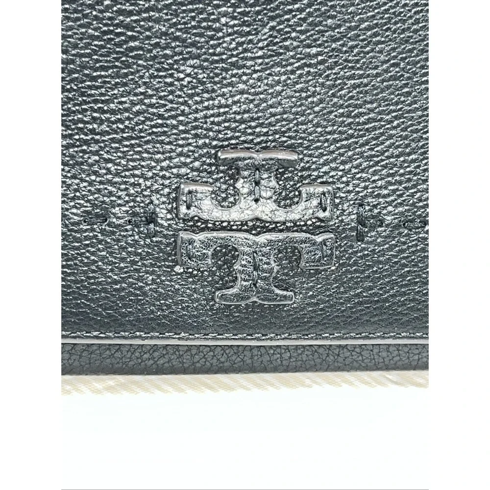Tory Burch McGraw Flat Pebbled Leather Wallet‎ Crossbody Black Clutch Bag Gold